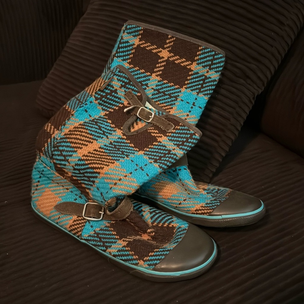 Turquoise brown plaid rain boots by sugar size 10